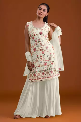 White georgette semi stitched suit with embroidered multi work