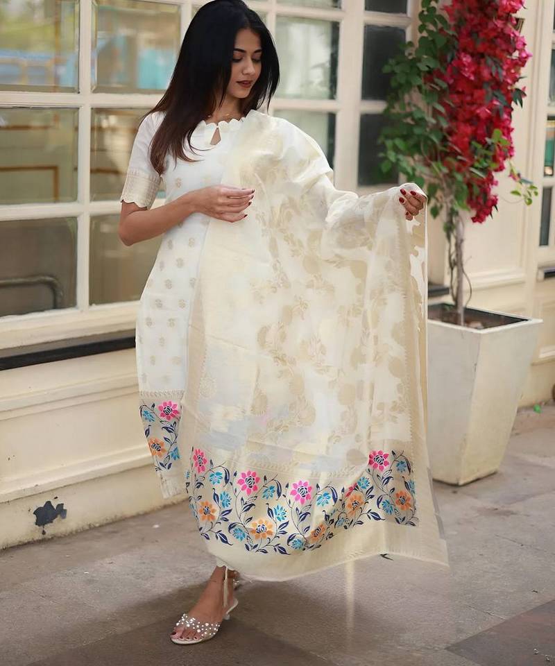 Off white color beautiful viscose jacquard fabric kurti set