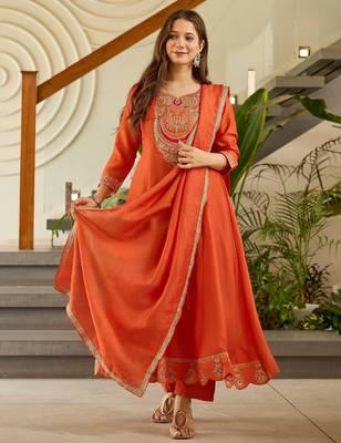 Rust color beautiful vichitra silk graceful ceremonial kurti set 4