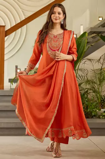 Rust color beautiful vichitra silk graceful ceremonial kurti set