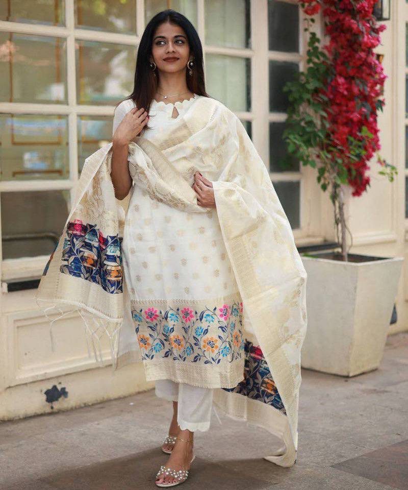 Off white color beautiful viscose jacquard fabric kurti set