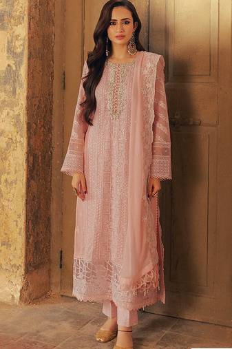 Pink georgette semi stitched suit with sequence & multi thread work