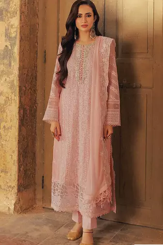 Pink georgette semi stitched suit with sequence & multi thread work