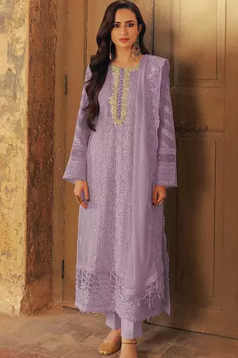 Lavender georgette semi stitched suit with sequence & multi thread work