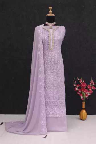 Lavender georgette suit with sequin & multi thread 