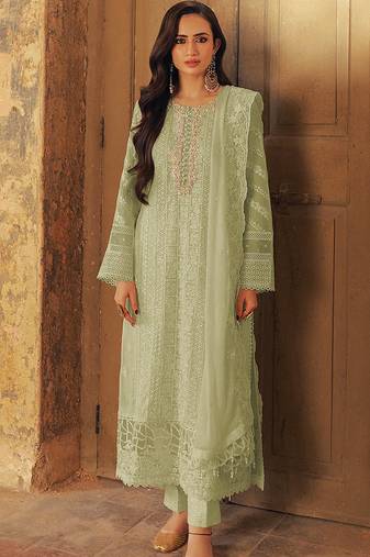 Green georgette semi stitched suit with sequence & multi thread work
