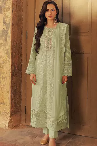 Green georgette semi stitched suit with sequence & multi thread work