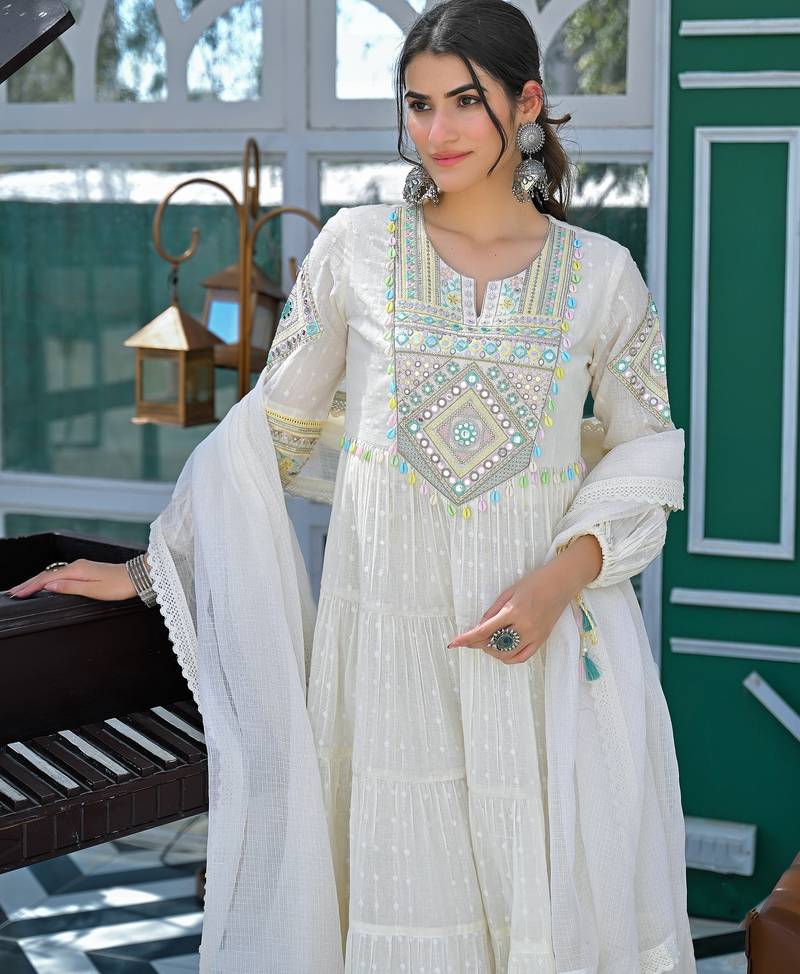 White color beautiful flex butti cotton fabric kurti set