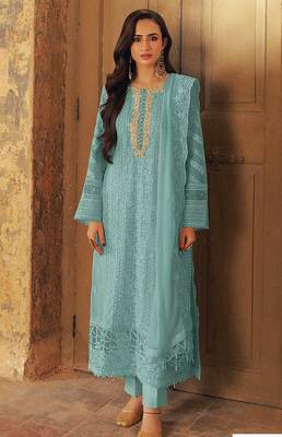 Blue georgette suit with sequin & multi thread  1