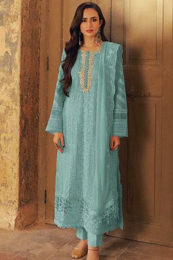 Blue georgette semi stitched suit with sequence & multi thread work