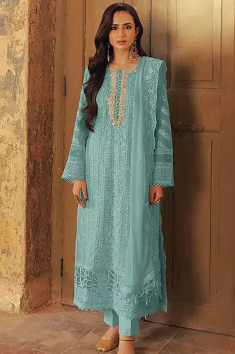 Blue georgette semi stitched suit with sequence & multi thread work
