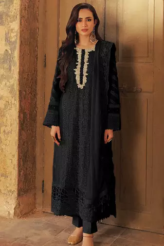 Black georgette semi stitched suit with sequence & multi thread work