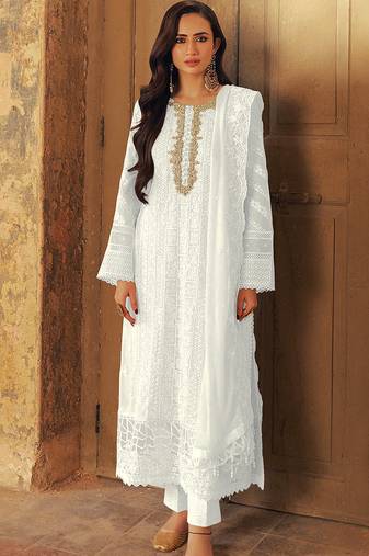 White georgette semi stitched suit with sequence & multi thread work