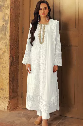 White georgette semi stitched suit with sequence & multi thread work