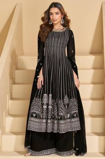 Black chinon embroidered sequins Anarkali suit - full stitched free size