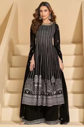 Black chinon embroidered sequins Anarkali suit - full stitched free size