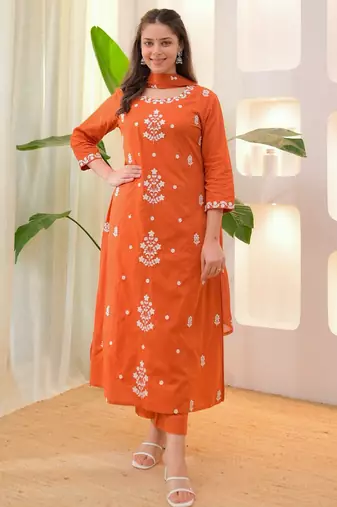 Orange color beautiful rayon slub fabric graceful ceremonial kurti set