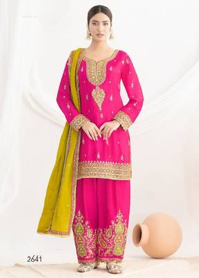 Pink chinon embroidered sequins palazzo suit - full stitched free size 1