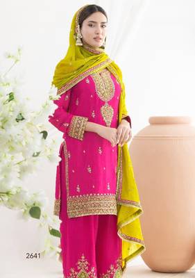Pink chinon embroidered sequins palazzo suit - full stitched free size 2