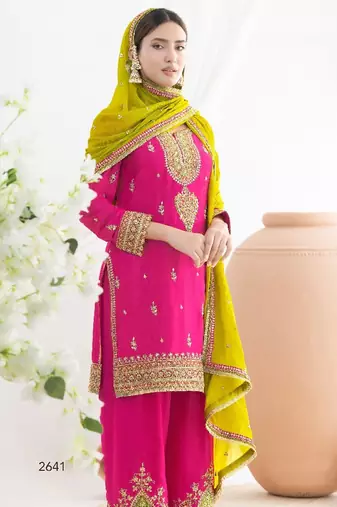 Pink chinon embroidered sequins palazzo suit - full stitched free size