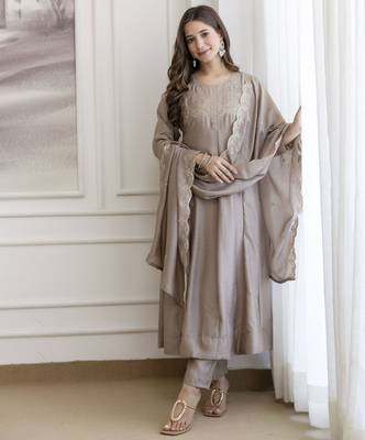 Chiku color beautiful vichitra silk graceful ceremonial kurti set 1