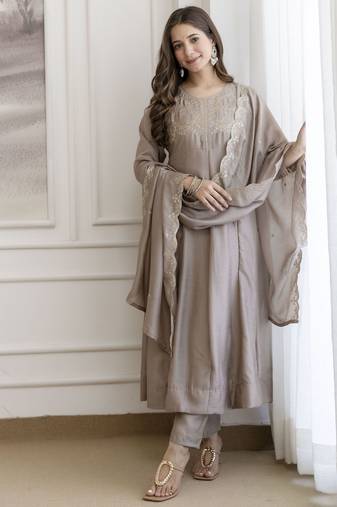 Chiku color beautiful vichitra silk fabric graceful ceremonial kurti set