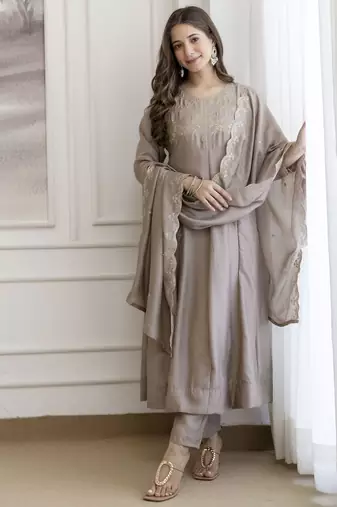 Chiku color beautiful vichitra silk fabric graceful ceremonial kurti set