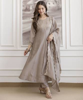 Chiku color beautiful vichitra silk graceful ceremonial kurti set 4