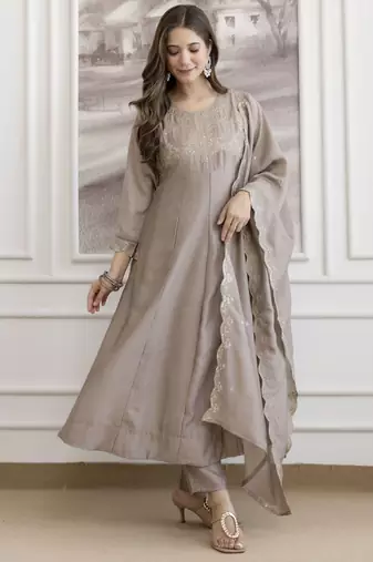 Chiku color beautiful vichitra silk graceful ceremonial kurti set
