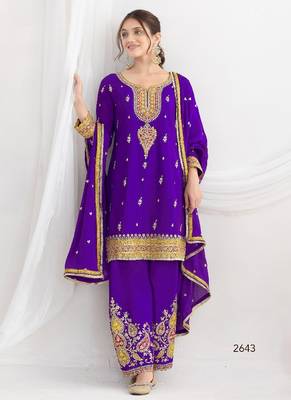 Purple chinon embroidered sequins palazzo suit - full stitched free size 1