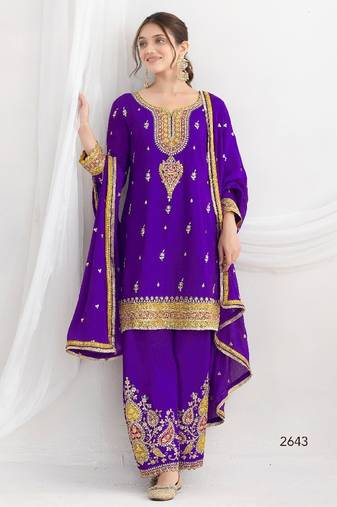 Purple chinon embroidered sequins palazzo suit - full stitched free size