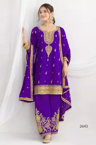 Purple chinon embroidered sequins palazzo suit - full stitched free size