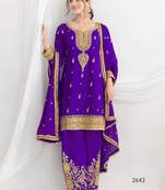 Purple chinon embroidered sequins palazzo suit - full stitched free size