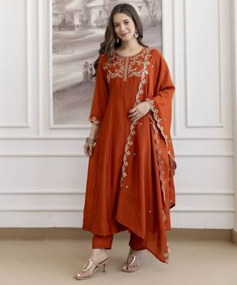 Orange color beautiful vichitra silk graceful ceremonial kurti set 1