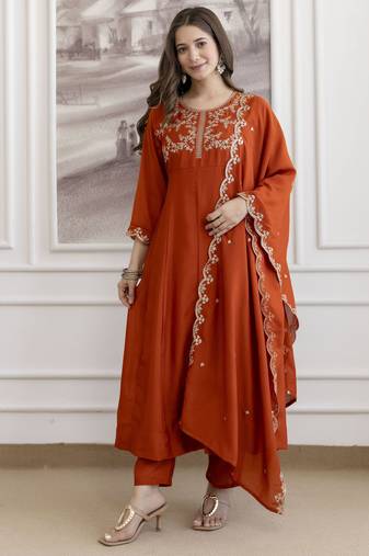 Orange color beautiful vichitra silk fabric graceful ceremonial kurti set