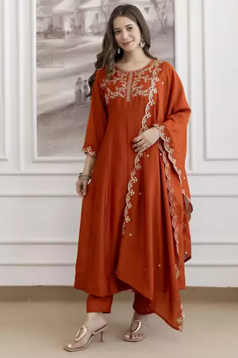 Orange color beautiful vichitra silk fabric graceful ceremonial kurti set