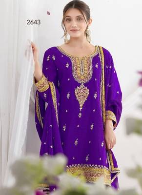 Purple chinon embroidered sequins palazzo suit - full stitched free size 2