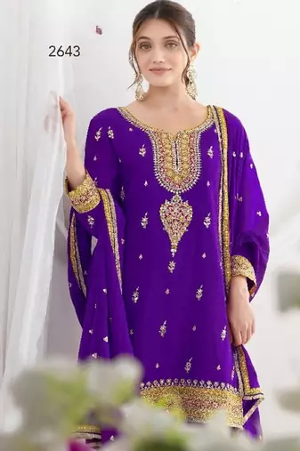 Purple chinon embroidered sequins palazzo suit - full stitched free size
