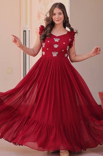 Maroon Faux Blooming Gown with Bead & Sequin Embroidery | Fully Stitched Women’s Festive & Partywear Gown