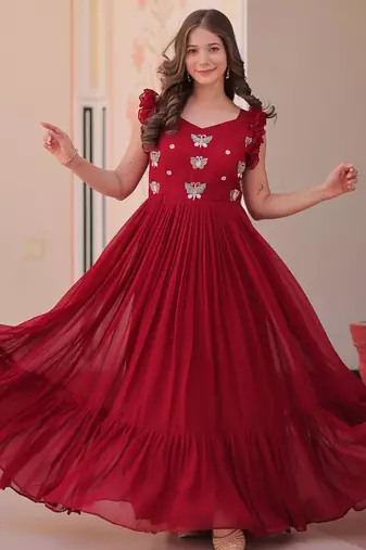 Maroon Faux Blooming Gown with Bead & Sequin Embroidery | Fully Stitched Women’s Festive & Partywear Gown