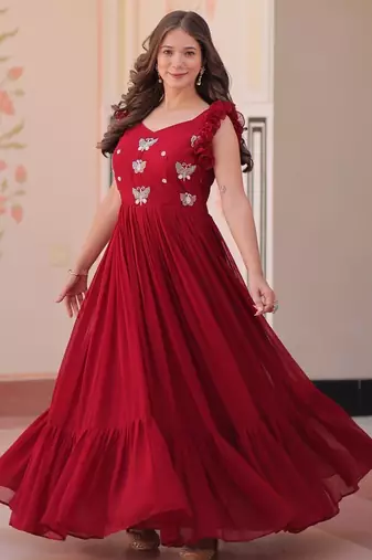 Maroon Faux Blooming Gown with Bead & Sequin Embroidery | Fully Stitched Women’s Festive & Partywear Gown