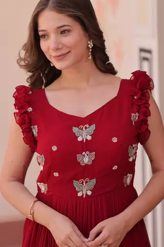 Maroon Faux Blooming Gown with Bead & Sequin Embroidery | Fully Stitched Women’s Festive & Partywear Gown