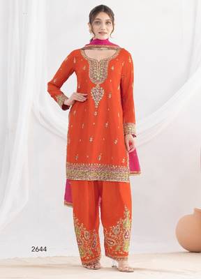Orange chinon embroidered sequins palazzo suit - full stitched free size 1