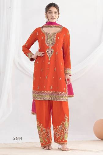 Orange chinon embroidered sequins palazzo suit - full stitched free size