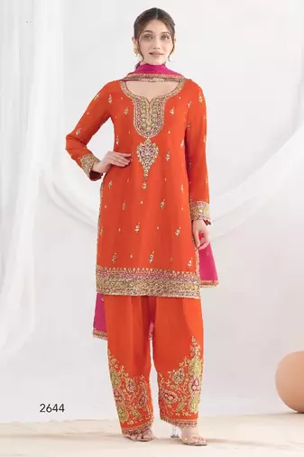 Orange chinon embroidered sequins palazzo suit - full stitched free size