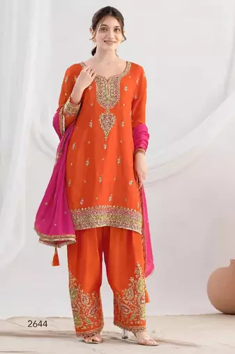 Orange chinon embroidered sequins palazzo suit - full stitched free size