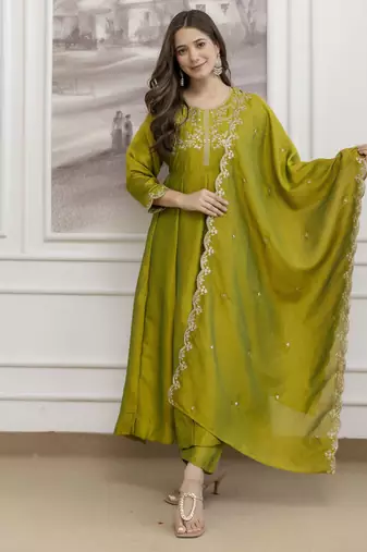 Parrot green color beautiful vichitra silk fabric graceful ceremonial kurti set