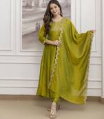 Parrot green color beautiful vichitra silk fabric graceful ceremonial kurti set