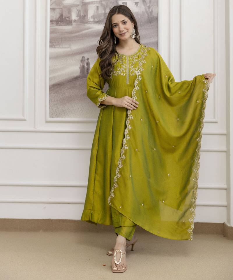 Parrot green color beautiful vichitra silk fabric graceful ceremonial kurti set