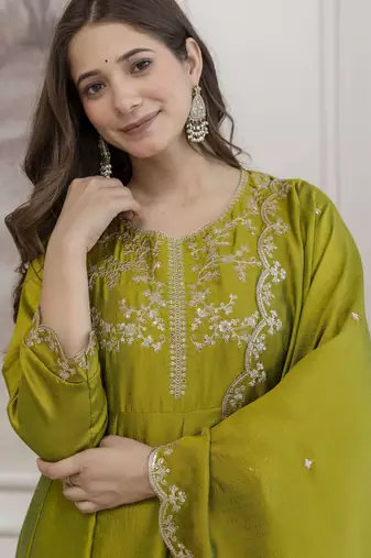 Parrot green color beautiful vichitra silk graceful ceremonial kurti set